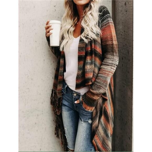 Women's Open Front Knited Tassels Slash Loose Cardigan Crew Neck Speckled Fringe - Picture 4 of 7